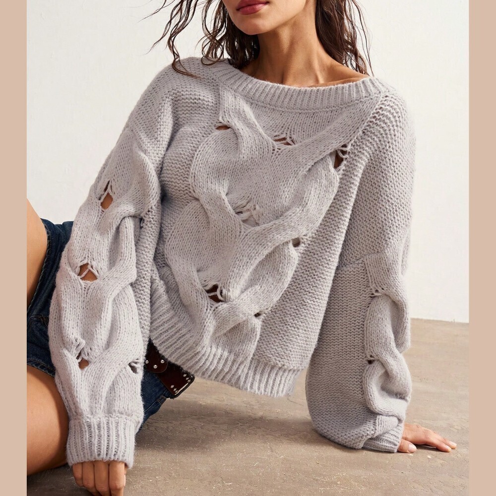 Gray Cable Knit Distressed Cutout Oversized Sweater